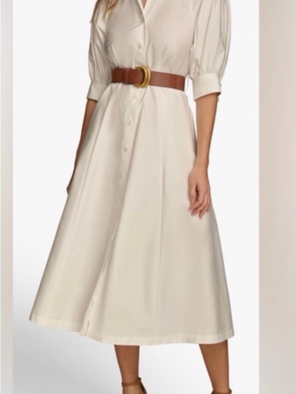 Donna Karan Cream Midi Shirt Dress with Brown Belt
